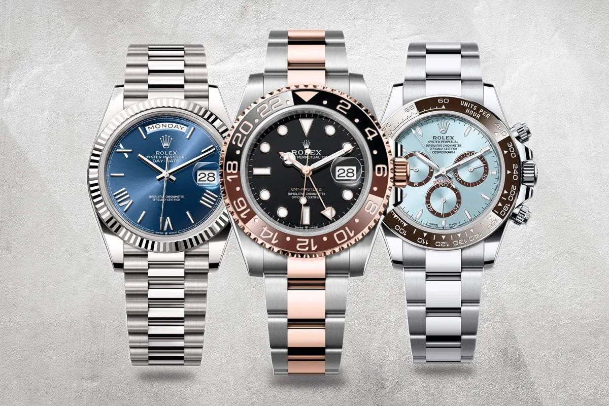 Three luxury watches with different color combinations on a gray background
