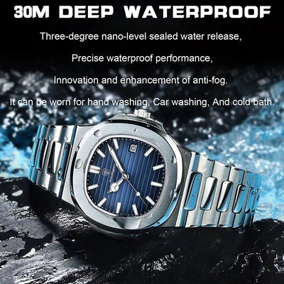 POEDAGAR Men’s Luxury Square Quartz Watch 50ATM Waterproof⌚